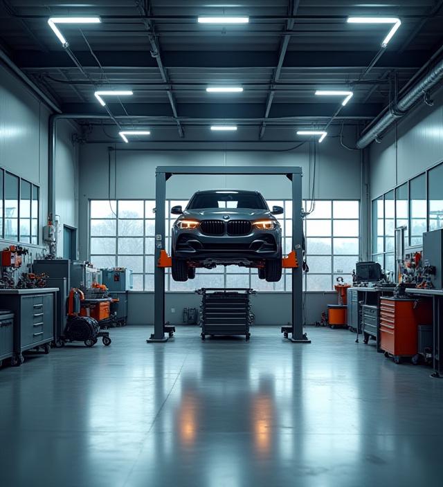 Bright, clean, and organized auto repair workshop with a car on a lift.