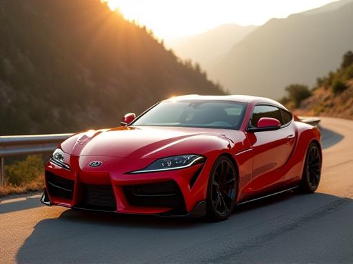 A red 2023 performance coupe parked in a scenic location.