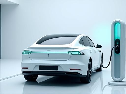 A white 2021 electric sedan charging at a station.