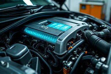 Icon representing a car engine with a computer diagnostic overlay.